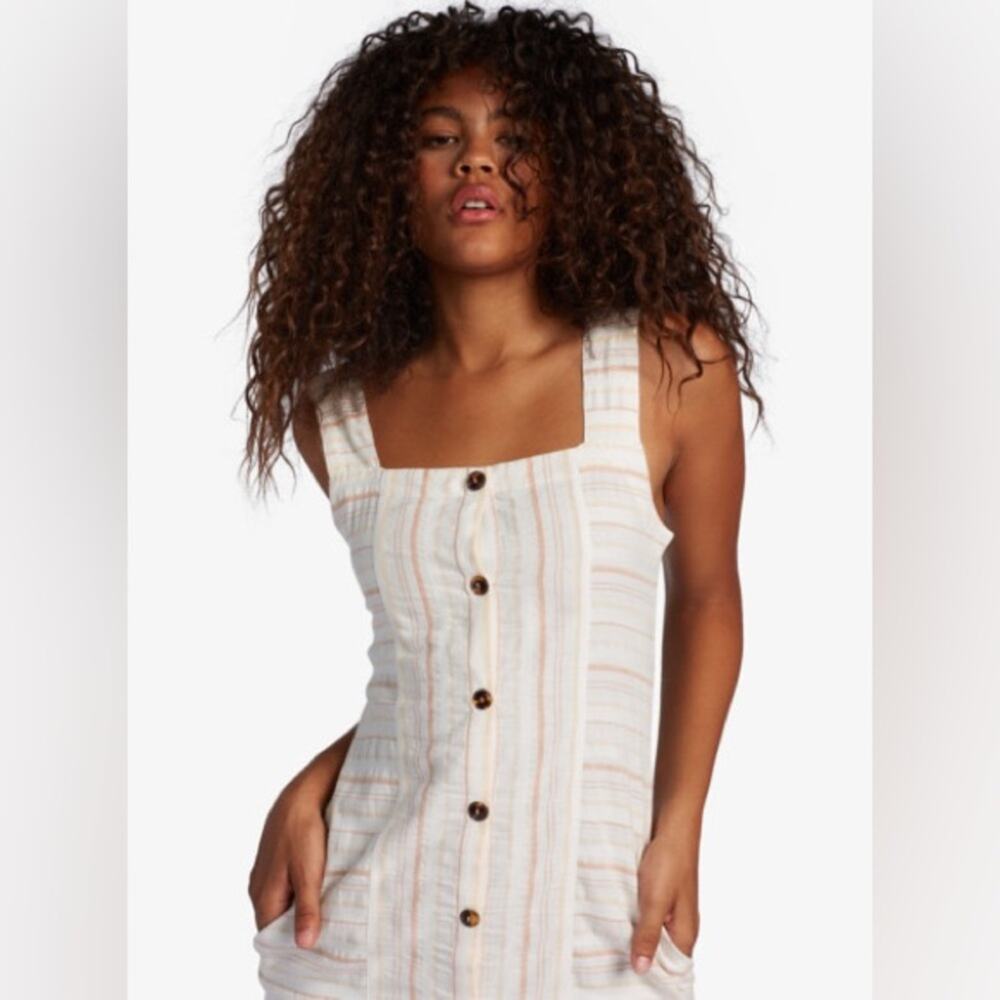 NEW Roxy Mini Dress Buttoned Front Striped Sleeveless Cotton White XL MSRP $55 - Picture 2 of 6